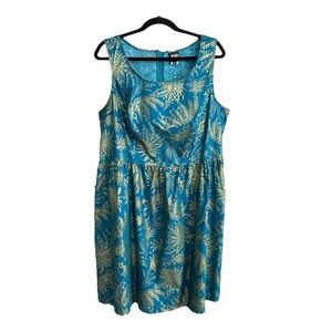 RETROLICIOUS Sleeveless Cotton Teal and Gold Dress Summer Botanical Pockets 2X